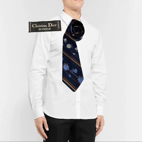 Christian Dior 4” wide necktie embroidered flowers polyester - Picture 3 of 10